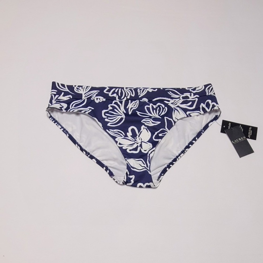 Lauren Ralph Lauren Navy White Floral Bikini Bottoms Mid Rise Size 12 NWT